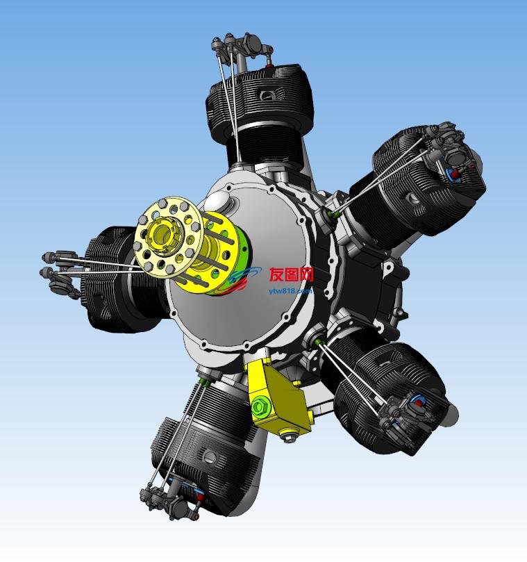 五缸星型发动机3D模型图纸 STP格式
