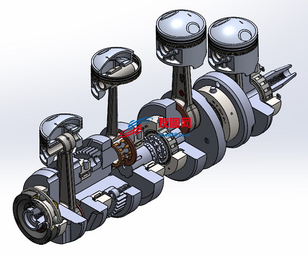 四缸发动机曲轴结构3D图纸 Solidworks设计