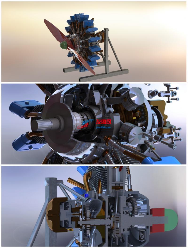 9汽缸星形发动机3D数模图纸 Solidworks设计 附工程图
